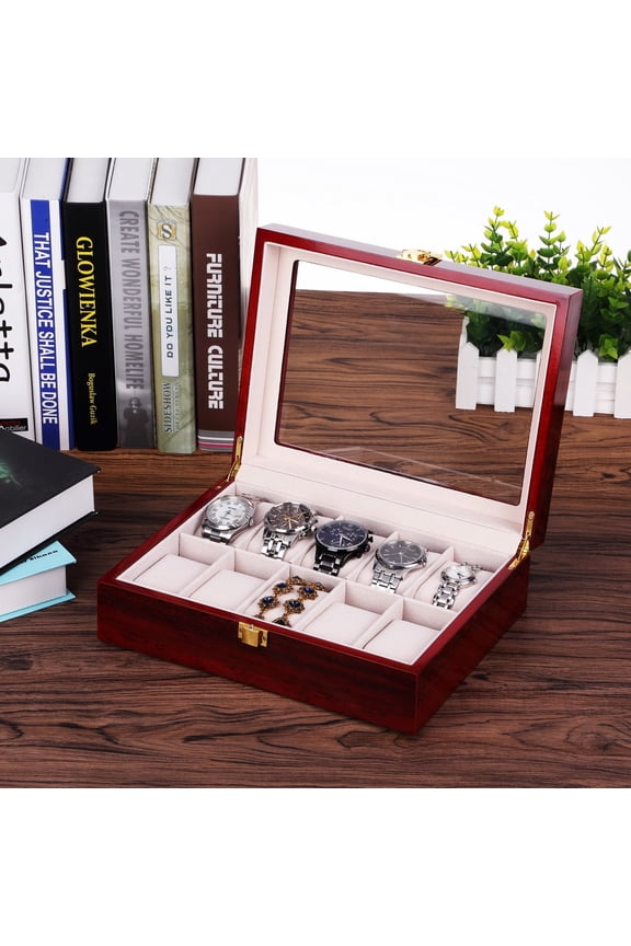 10-Slot Watch Box for Men, Solid Wood Display Case with Glass Top & Velvet Lining, Watch and Jewelry Organizer with Removable Pillows, Red