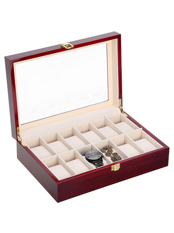 12-Slot Wooden Watch Box Case for Men, Watch Collection & Display Organizer with Glass Top & Velvet Lining, Red