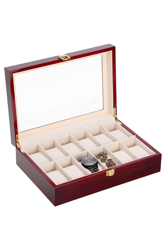 12-Slot Wooden Watch Box Case for Men, Watch Collection & Display Organizer with Glass Top & Velvet Lining, Red