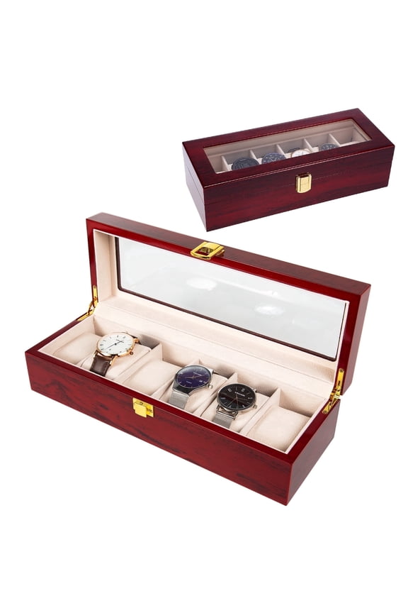 Uten Watch Box Case Organizer Display for Men, 6 Slot Wood Watch Box with Glass Top