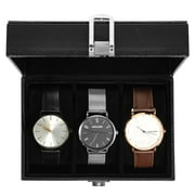 Uten 3-Slot Watch Box for Men, PU Leather Display Case with Glass Top, Watch Organizer with Removable Pillows, Black