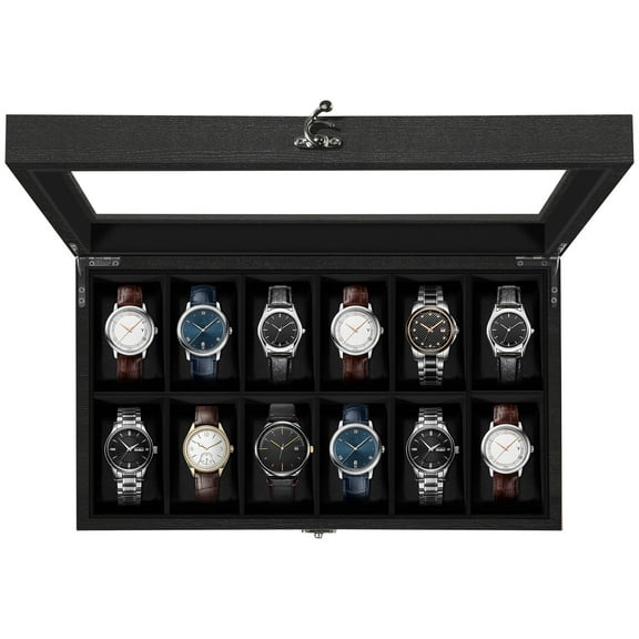 Uten 12-Slot Solid Wood Watch Box with Glass Top, Luxury Watch Display Case & Organizer with Velvet Lining, Black