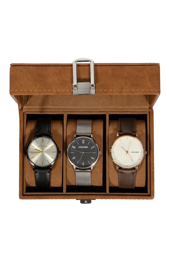 Uten 3-Slot Watch Box Organizer for Men, PU Leather Watch Display Organizer with Glass Top and Removable Soft Pillows & Velvet Lining, Brown