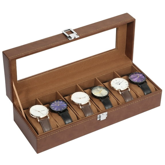 Uten 6-Slot Watch Box for Men, PU Leather Watch Case Organizer with Transparent Glass Top and Soft Velvet Lining, Brown