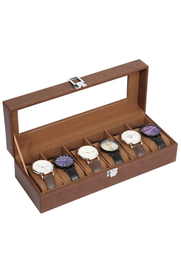 Uten 6-Slot Watch Box for Men, PU Leather Watch Case Organizer with Transparent Glass Top and Soft Velvet Lining, Brown