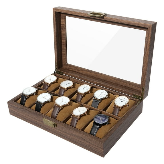 Uten Wood Watch Box, Watch Storage Case, Watch Organizer with Glass Display Lid for Men, 10 Slots
