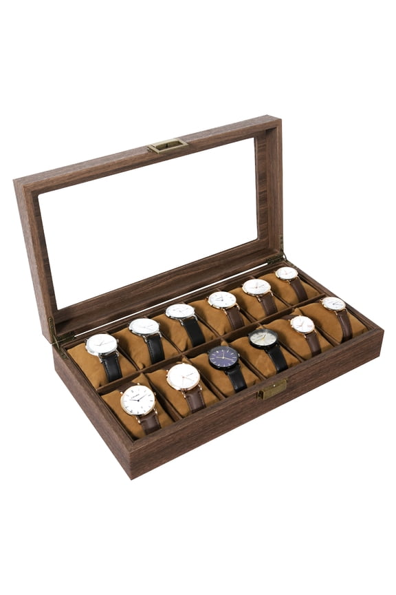 12-Slot Wood Watch Box with Glass Top, Luxury Watch Display Case with Velvet Lining, Watch Organizer for Men, Brown
