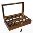 thumbnail image 1 of Uten 12-Slot Solid Wood Watch Box with Real Glass Top, Luxury Display Storage Case & Organizer for Men, Brown, 1 of 12