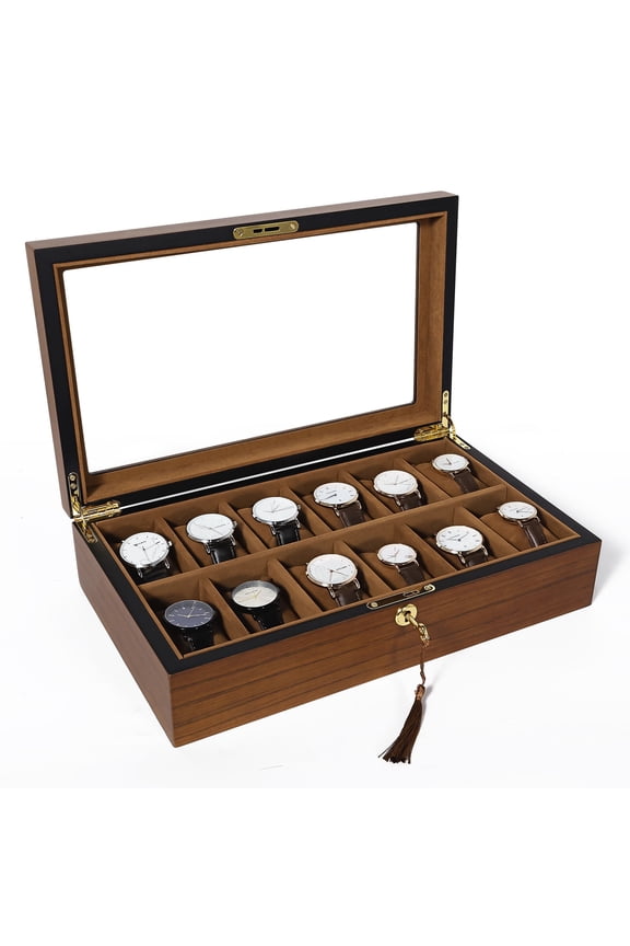 12-Slot Solid Wood Watch Box with Real Glass Top, Luxury Display Storage Case & Organizer for Men, Brown