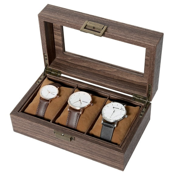 Uten Wood Watch Box, Watch Storage Case, Watch Organizer with Glass Display Lid for Men, 3 Slots