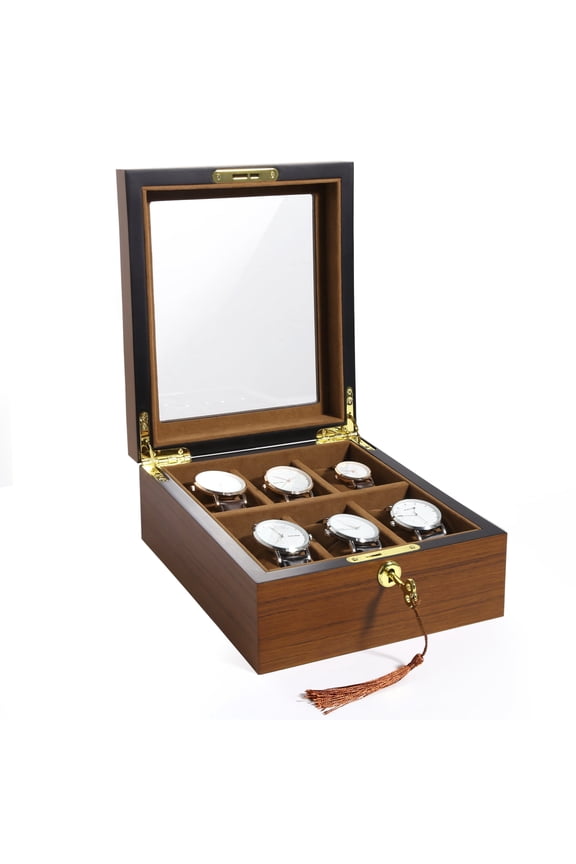 6-Slot Wooden Watch Box with Glass Top, Watch Display Case & Jewelry Organizer for Men with Velvet Lining, Brown