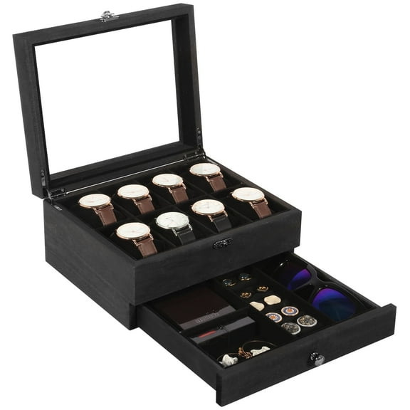 Uten 8-Slot Watch Box with Drawer & Glass Top, Luxury Wooden Watch Case Organizer with Removable Pillows for Men, Storage for Watches, Jewelry, and Sunglasses, Black