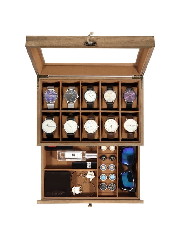 Uten 10-Slot Wooden Watch Box with Glass Top, 2-Layer Display Case Organizer with Removable Pillows for Watch & Jewelry Collection, Luxury Gift for Men, Brown