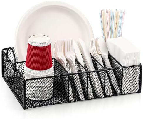 Utensil Caddy with Handle, Metal Paper Plate Holder for Kitchen Counter,Silverware Cutlery Caddy Organizer Flatware Storage for Plastic Spoon Fork Plates Napkins Cup Party Camping Black