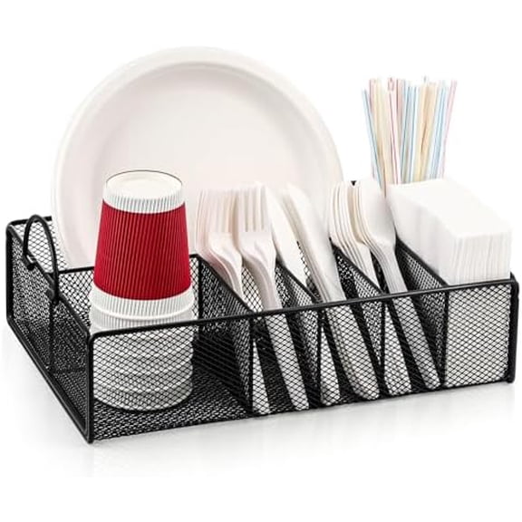 Utensil Caddy with Handle, Metal Paper Plate Holder for Kitchen Counter,Silverware Cutlery Caddy Organizer Flatware Storage for Plastic Spoon Fork Plates Napkins Cup Party Camping Black