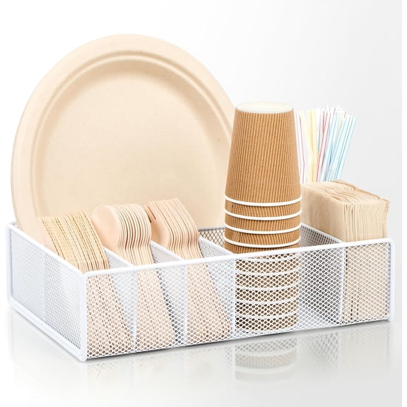 Utensil Caddy for Party - Silverware Organizer with 6 Compartments, Paper Plate Holder, Napkin and Cutlery Storage for Picnic, Camping, BBQ, Outdoor Events