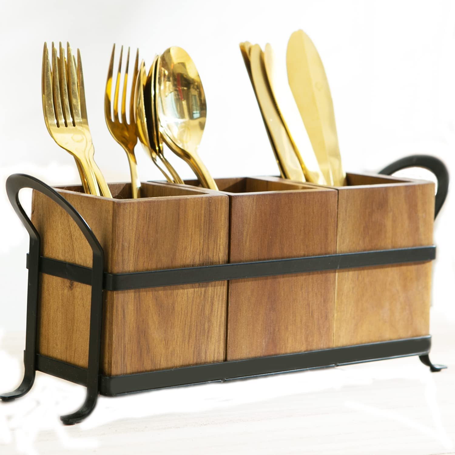 Utensil Caddy Silverware Cutlery Holder with 3 Compartment, Wooden