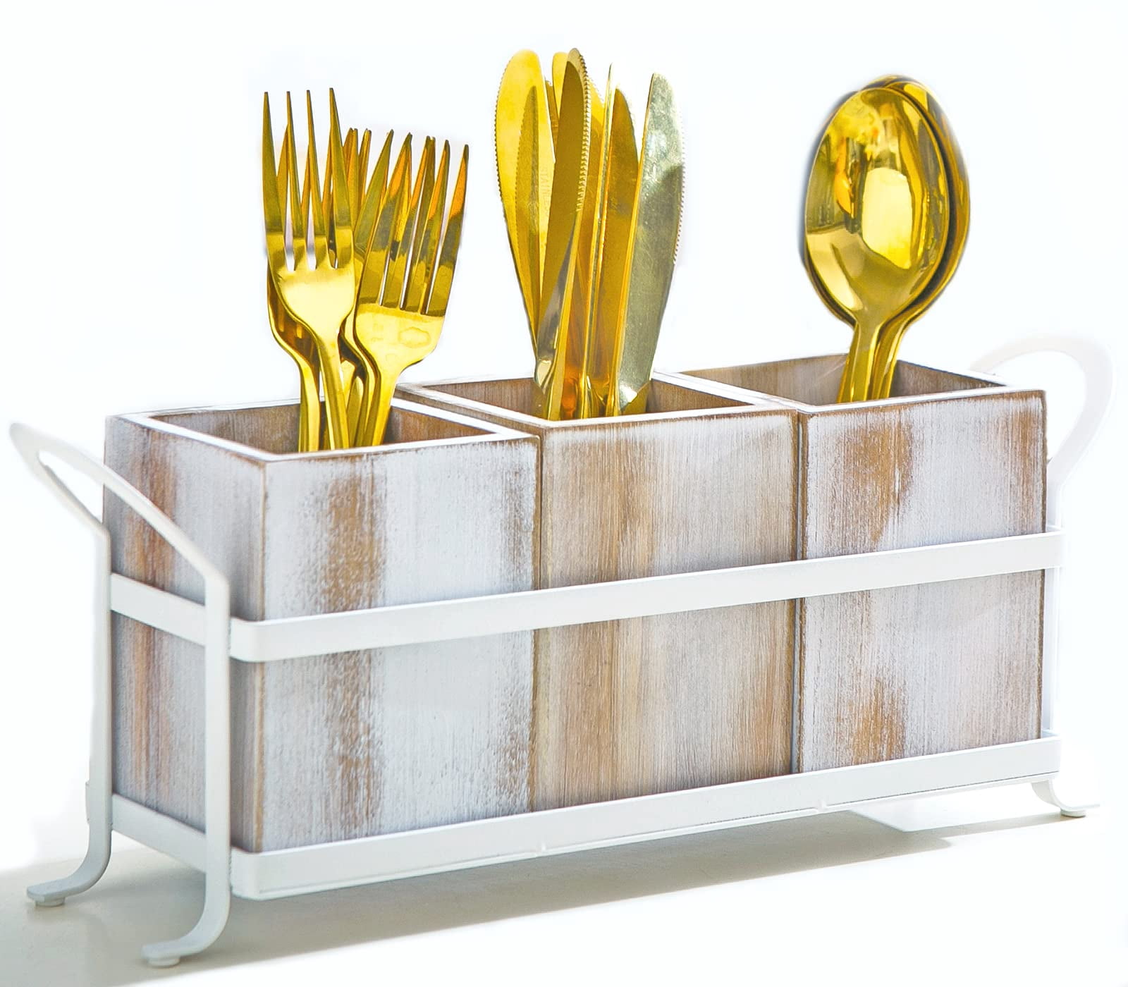 Utensil Caddy Silverware Cutlery Holder with 3 Compartment, Wooden ...