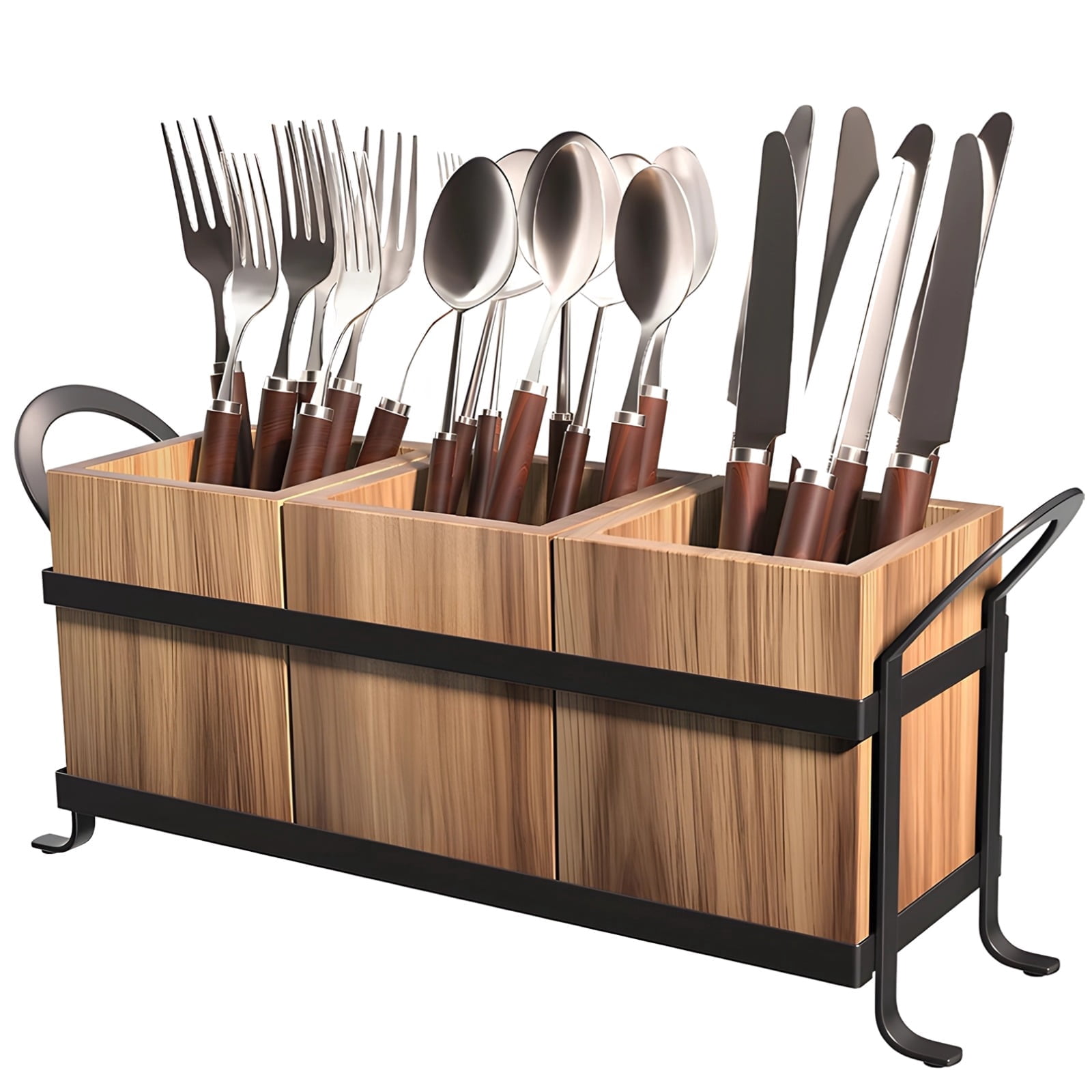 3‑Compartment Wooden Utensil Caddy with Metal Frame – Silverware & Cutlery Holder for Kitchen Countertop, Farmhouse Style, Detachable Box for Easy Cleaning