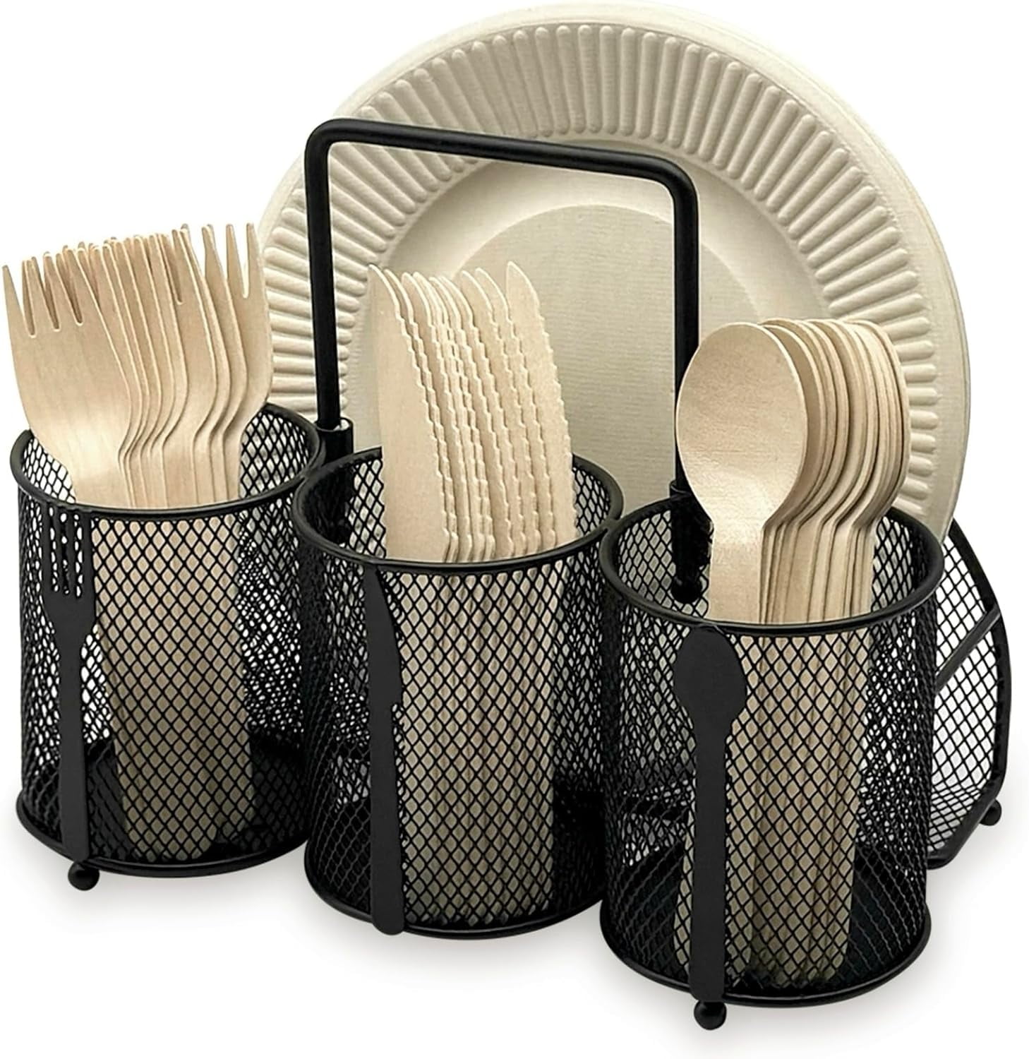 Utensil Caddy Silverware Holder - 4 Compartment Metal Mesh Cutlery Fork Spoon Napkin Plate Organizer Flatware Storage Basket Party Kitchen Countertop Buffet Picnic Camping Outdoor BBQ White