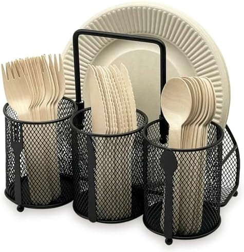 Utensil Caddy Silverware Holder - 4 Compartment Metal Mesh Cutlery Fork Spoon Napkin Plate Organizer Flatware Storage Basket Party Kitchen Countertop Buffet Picnic Camping Outdoor BBQ Black