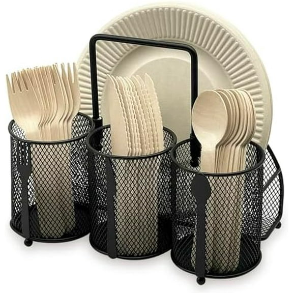 Utensil Caddy Silverware Holder - 4 Compartment Metal Mesh Cutlery Fork Spoon Napkin Plate Organizer Flatware Storage Basket Party Kitchen Countertop Buffet Picnic Camping Outdoor BBQ Black