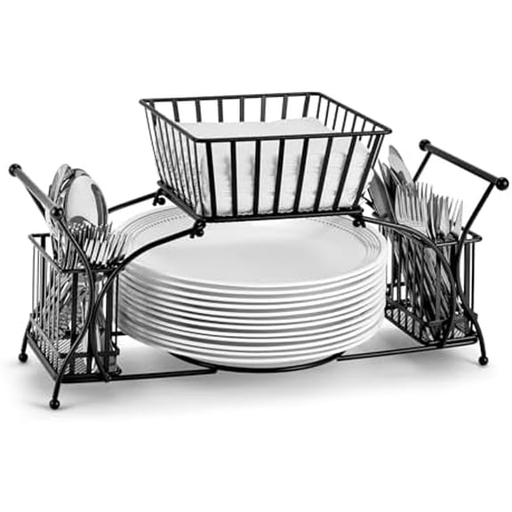 Utensil Caddy — Use For Napkin, Cutlery, Plate Holder — Stackable Flatware Caddy, Tabletop Organizer — Ideal for Dining Table, Party, Buffet, Kitchen, Entertaining (Black)