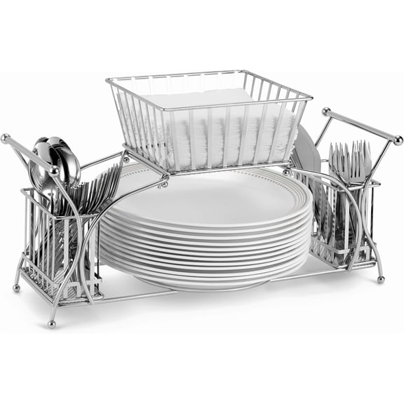 Utensil Caddy  Use For Napkin, Cutlery, Plate Holder  Stackable Flatware Caddy, Tabletop Organizer  Ideal for Dining Table, Party, Buffet, Kitchen, Entertaining (Silver)
