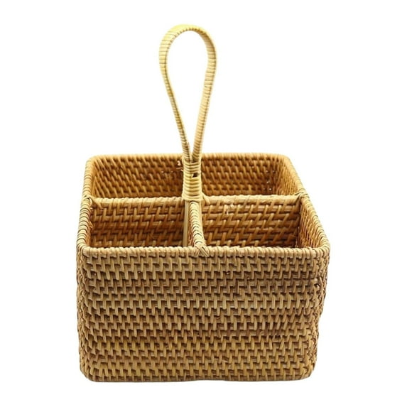 Utensil Caddy for table, Utensil Basket With 4 Compartments,Napkin and Utensil Holder,Picnic Basket with Handle Silverware Cutlery Holder, Utensil Holder for Party, Picnic(Khaki,5.12x5.12x7.09")