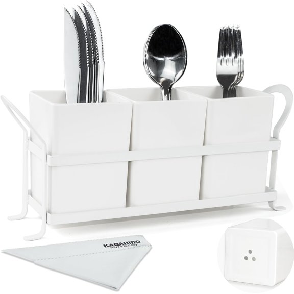 Utensil Caddy with Drain Holes, Cutlery Organizer for Kitchen Countertop Drawer 3pcs Bins Set Silverware Holder for Spoon, Fork and Knife, White