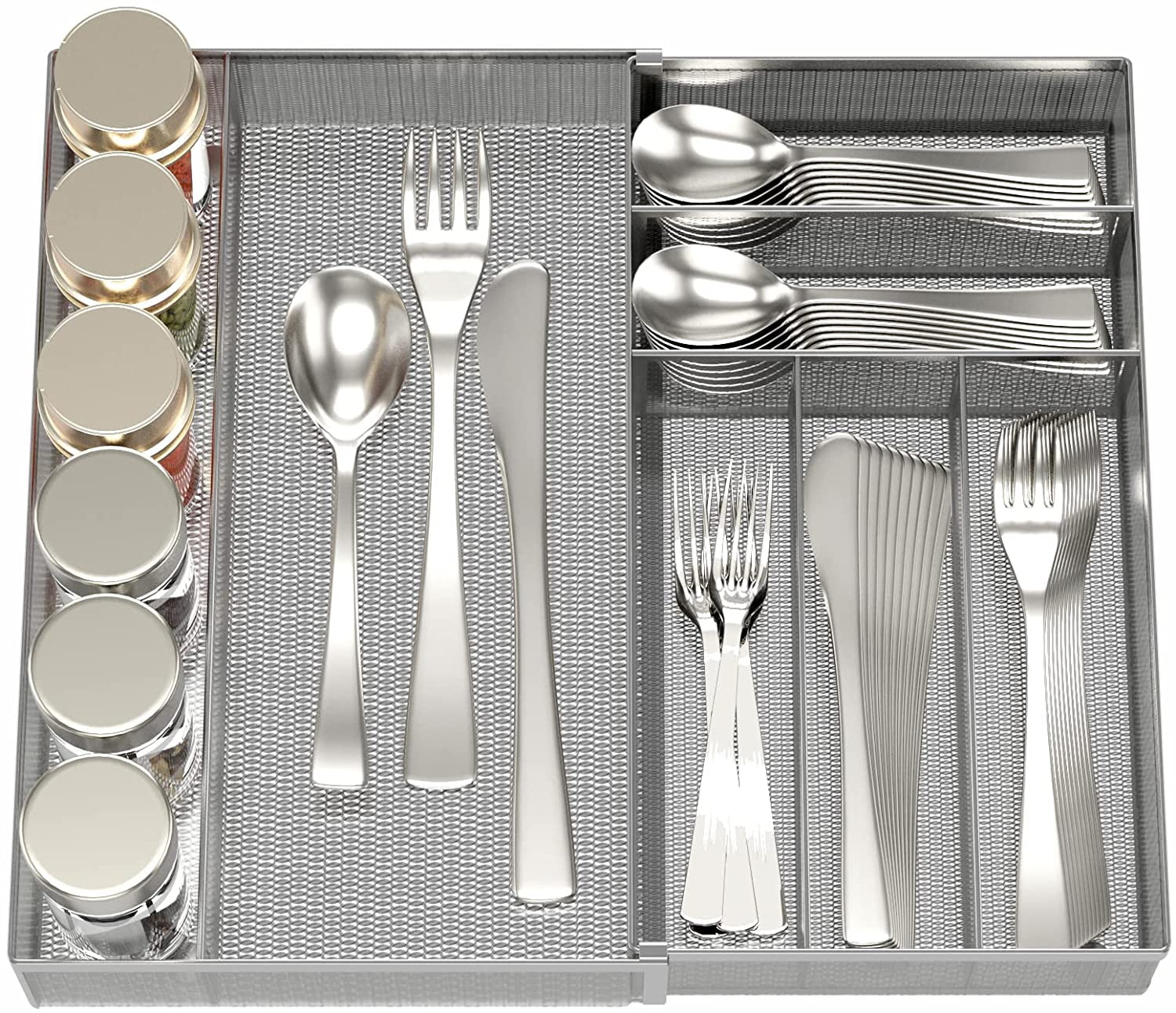 Utensil Drawer Organizer - Expandable Cutlery Tray, Silverware/Flatware Storage Divider for Kitchen, Mesh Designing with Non-slip Rubber Feet (Silver)