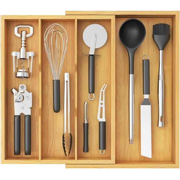Lifewit Utensil Drawer Organizer, Expendable Cooking Silverware Tray for Kitchen Drawer, Bamboo Adjustable Cutlery Flatware Holder, Spatula Tools and Gadgets Storage Divider