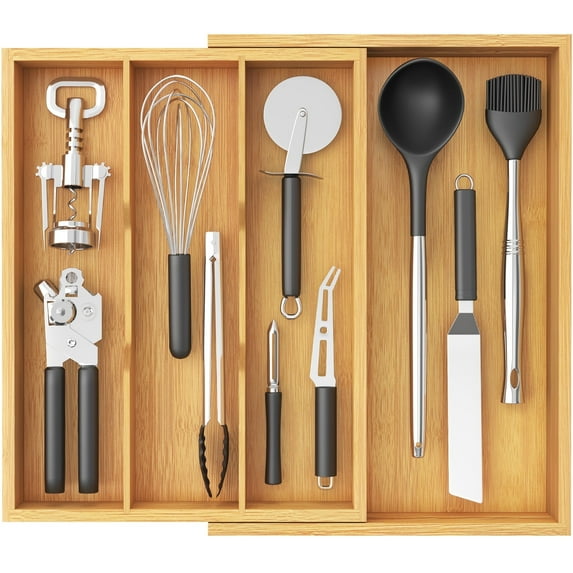 Lifewit Utensil Drawer Organizer, Expendable Cooking Silverware Tray for Kitchen Drawer, Bamboo Adjustable Cutlery Flatware Holder, Spatula Tools and Gadgets Storage Divider