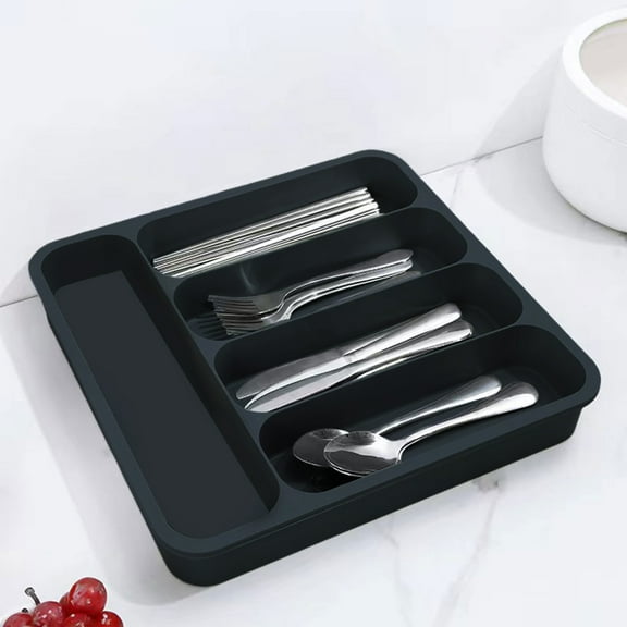 Utensil Drawer Organizer,Silverware Drawer Organizer,Five Compartment Kitchen Drawer Organizer Expandable Cutlery Storage Box Compartmentalized Knife Fork And Chopstick(Black 14*13in 1pc)