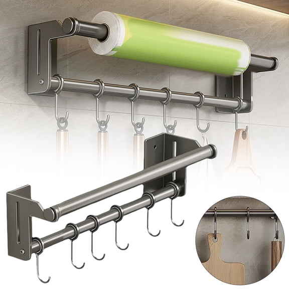 Utensil Hanging Rack Stainless Steel Rail Hanger Rod Wall Mounted Pot Pan Lid Holder Cookware Storage Organizer with Sliding Hooks for Kitchen Bathroom