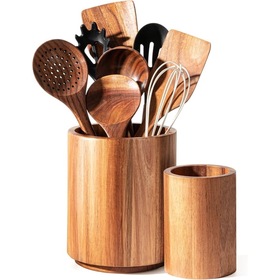 Utensil Holder 2 Pack, 360° Rotating Acacia Wood Cooking Utensil Crocks for Kitchen Counter, Farmhouse & Modern Decor, (1 Large,1 Small)