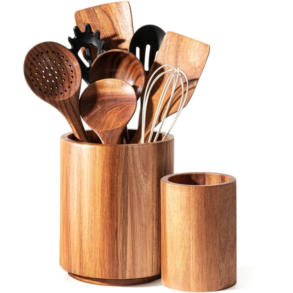 Utensil Holder 2 Pack  360° Rotating Wood Cooking Crocks For Kitchen Counter Farmhouse & Modern Decor (1 Large 1 Small)