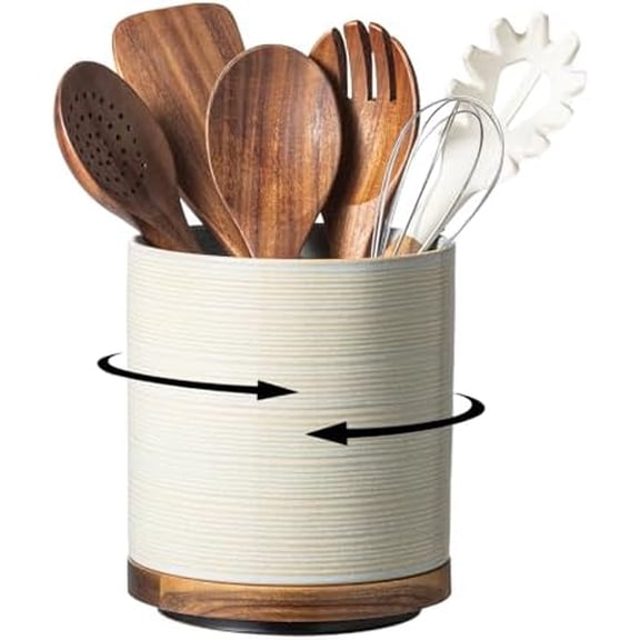 Utensil Holder, 360° Rotating Extra Large Ceramic Kitchen Utensil Holder for Countertop, 7.3" Cooking Utensil Crocks with Rotatable Wooden Base, Farmhouse Decor, Dusty Green