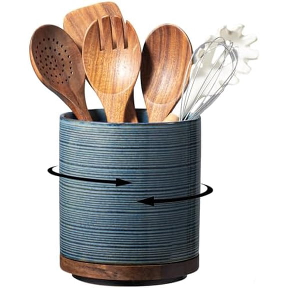 Utensil Holder, 360° Rotating Extra Large Ceramic Kitchen Utensil Holder for Countertop, 7.3“ Cooking Utensil Crocks for Kitchen Counter with Rotatable Wooden Base, Farmhouse Decor, Dusty Blue