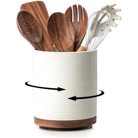 Utensil Holder, 360° Rotating Extra Large Ceramic Kitchen Utensil Holder for Countertop, 7.3“ Cooking Utensil Crocks for Kitchen Counter with Rotatable Wooden Base, Farmhouse Decor, White