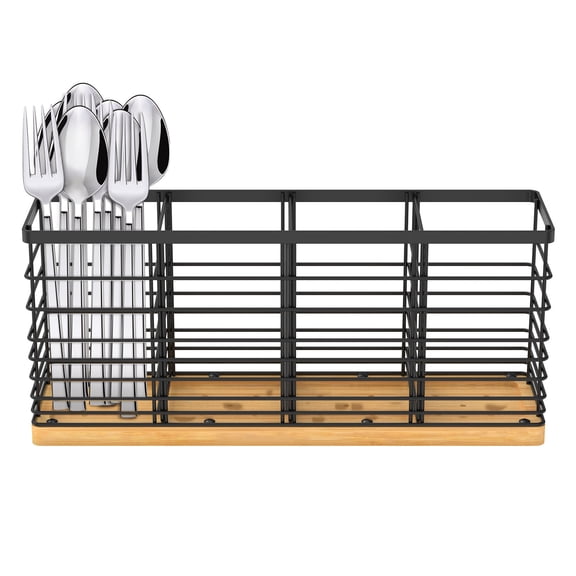 Utensil Holder with 4 Compartments Metal Kitchen Utensil Holder with Wood Base Large Capacity Cooking Utensil Holder Versatile Utensil Organizer for Kitchen Countertop