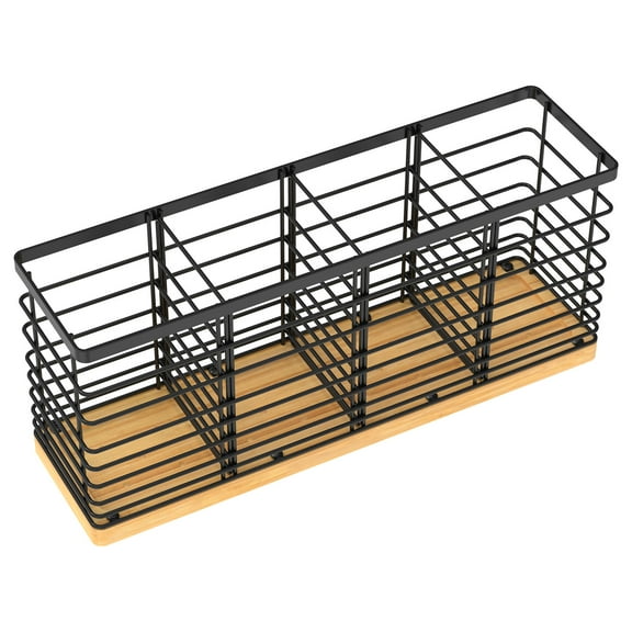 Utensil Holder with 4 Compartments Metal Kitchen Utensil Holder with Wood Base Large Capacity Cooking Utensil Holder Versatile Utensil Organizer for Kitchen Countertop