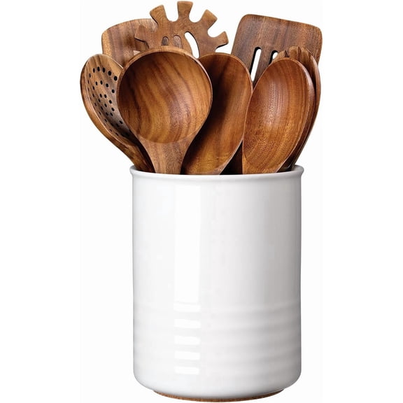 Utensil Holder, 6.7" Ceramic Kitchen Utensil Crock for Countertop Cooking, Modern Utensil Caddy Jar Organizer for Farmhouse Kitchen Counter Decor (White)