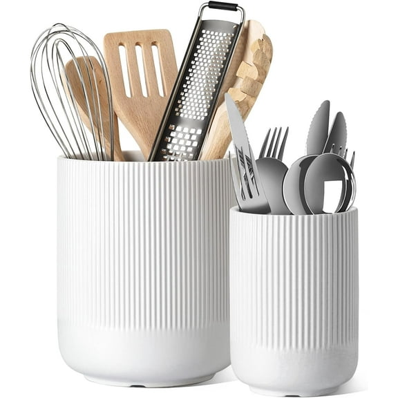 Utensil Holder, 7.3"+5.4" Ceramic Kitchen Utensil Holder for Countertop, Large Cooking Utensil Crocks for Kitchen Counter Decor, Morden Utensil Organizer for Spatula, Set of 2, White