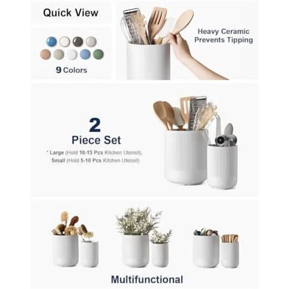 Utensil Holder, 7.3"+5.4" Ceramic Kitchen Utensil Holder for Countertop, Large Cooking Utensil Crocks for Kitchen Counter Decor, Morden Utensil Organizer for Spatula, Set of 2, White