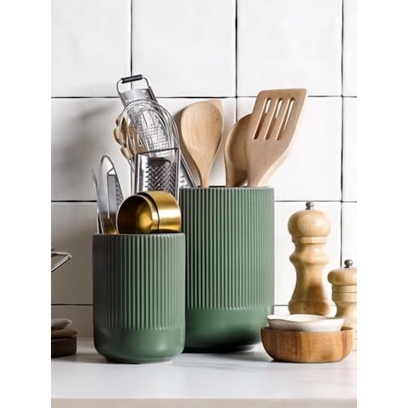 Utensil Holder, 7.3"+5.4" Ceramic Kitchen Utensil Holder for Countertop, Large Cooking Utensil Crocks for Kitchen Counter, Modern Utensil Organizer for Spatula, Set of 2, Forest Green