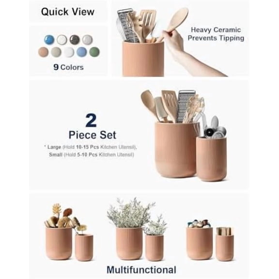 Utensil Holder, 7.3"+5.4" Ceramic Kitchen Utensil Holder for Countertop, Large Cooking Utensil Crocks for Kitchen Counter, Modern Utensil Organizer for Spatula, Set of 2, Dusty Pink
