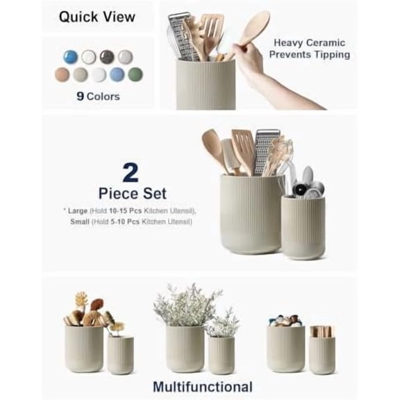 Utensil Holder, 7.3"+5.4" Ceramic Kitchen Utensil Holder for Countertop, Large Cooking Utensil Crocks for Kitchen Counter, Modern Utensil Organizer for Spatula, Set of 2, Oatmeal Greige