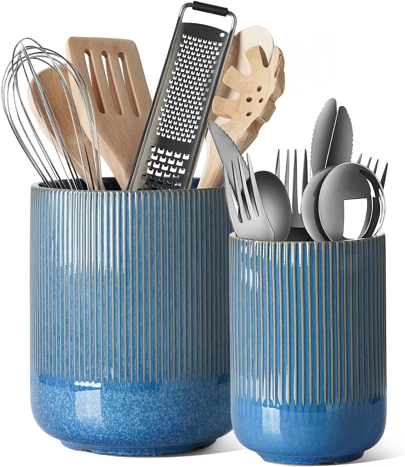 MALACASA Ceramic Utensil Holder Set - 7.1" & 5.4" Kitchen Counter Organizer In Khaki Grey