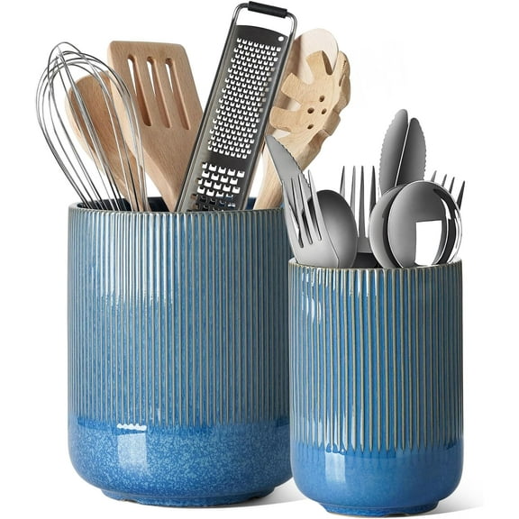 Utensil Holder, 7.3"+5.4" Ceramic Kitchen Utensil Holder for Countertop, Large Cooking Utensil Crocks for Kitchen Counter Decor, Morden Utensil Organizer for Spatula, Set of 2, White